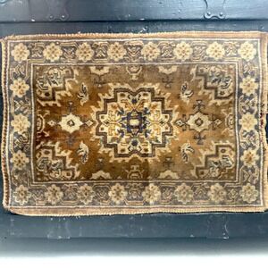 Vintage Hand Knotted Wool Accent Turkish Rug, Brown Blue Cream Oriental Design